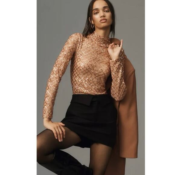 Anthropologie Pilcro Turtleneck Sequin Mesh Top Gold Party Disco Large - Picture 1 of 5